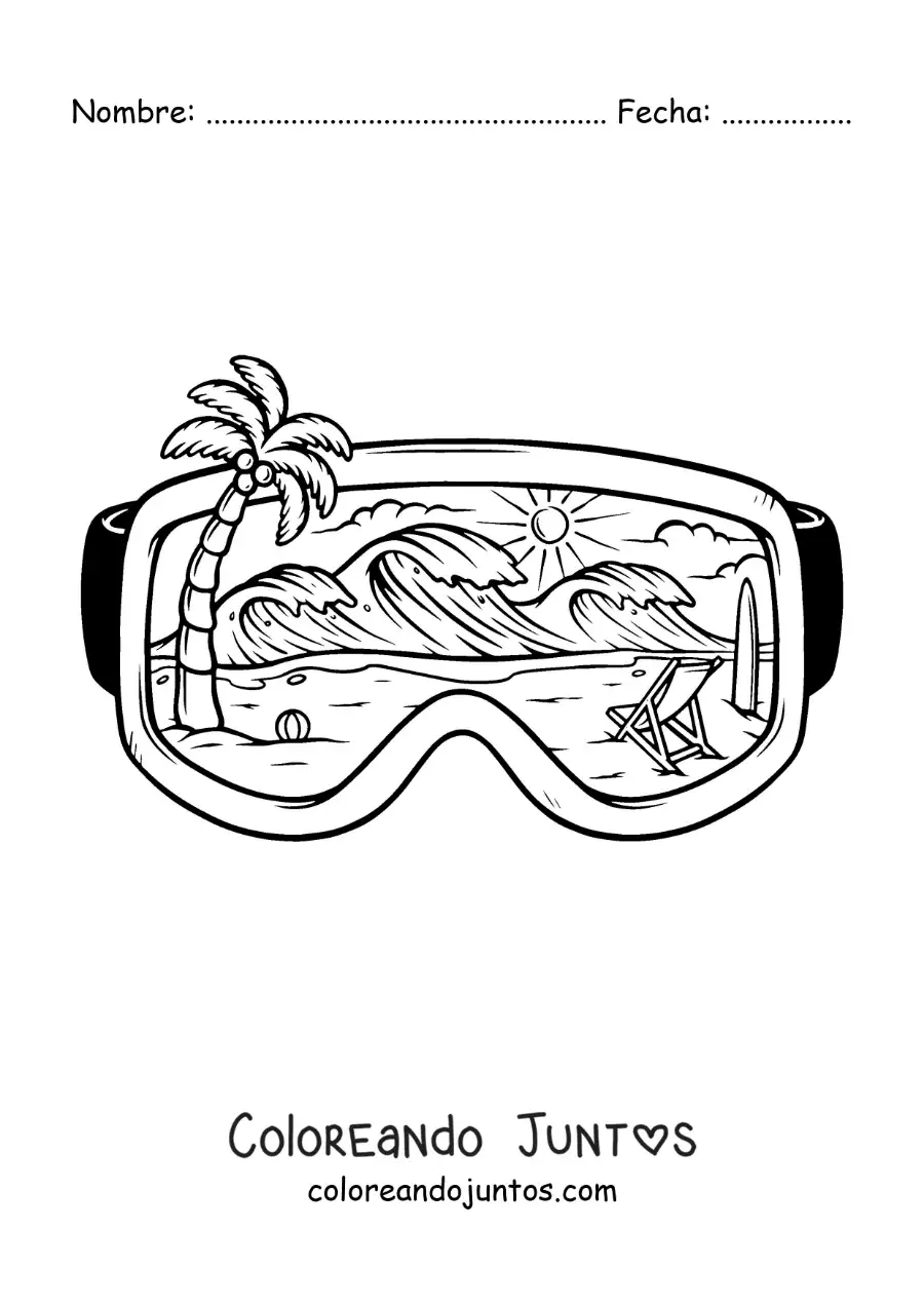 Imagen para colorear de gafas de buceo con un paisaje playero