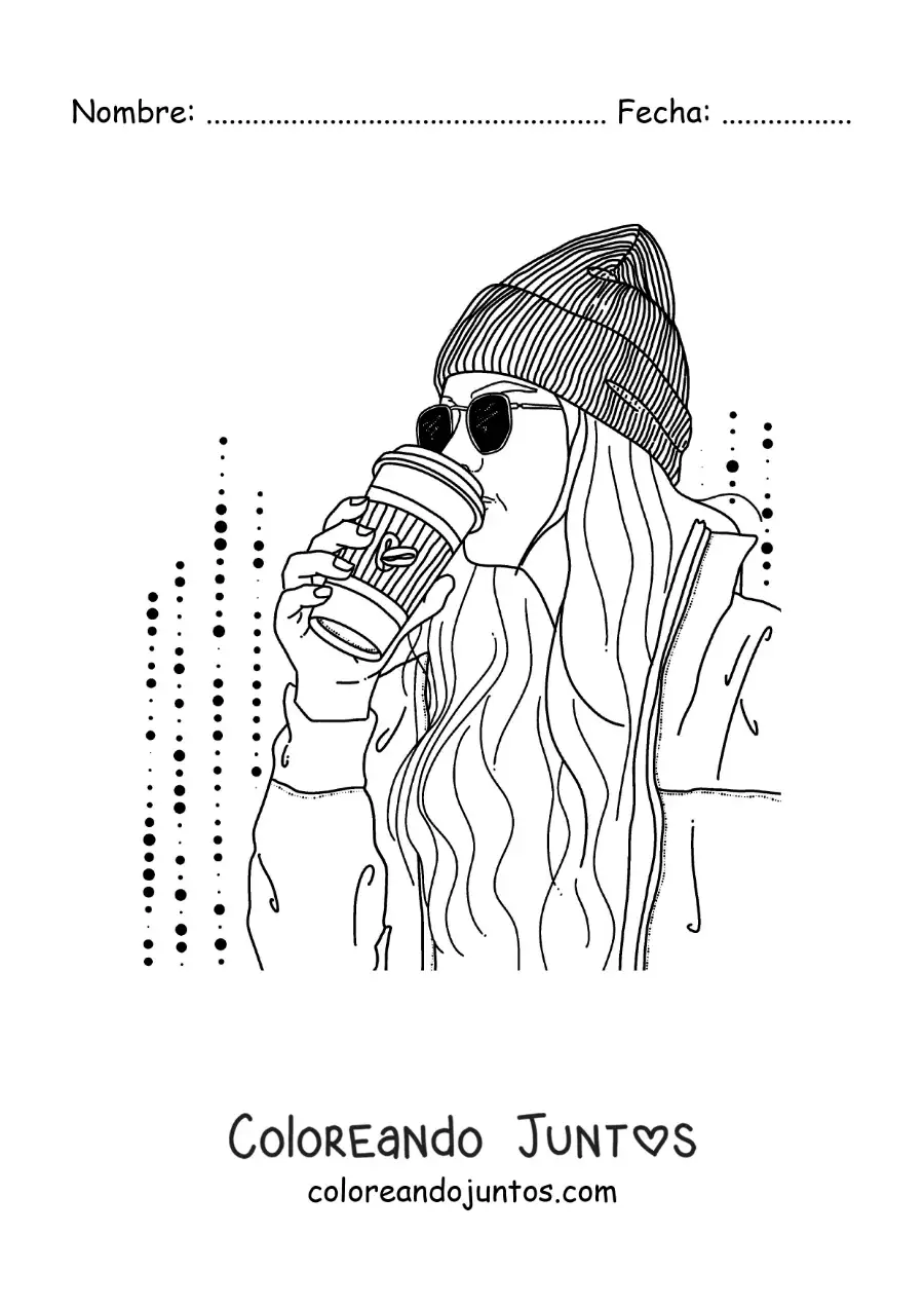 Imagen para colorear de chica tumblr con lentes y un gorro tomando café