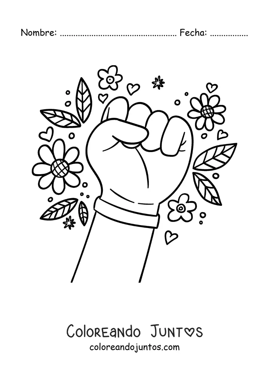 Imagen para colorear de una mano con una pulsera y flores