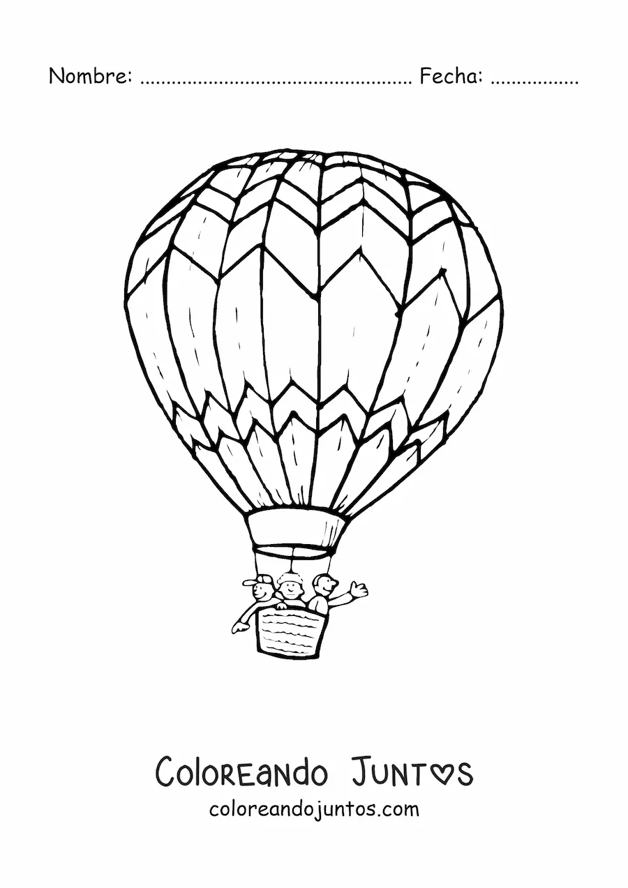 Imagen para colorear de tres niños volando en un globo aerostático