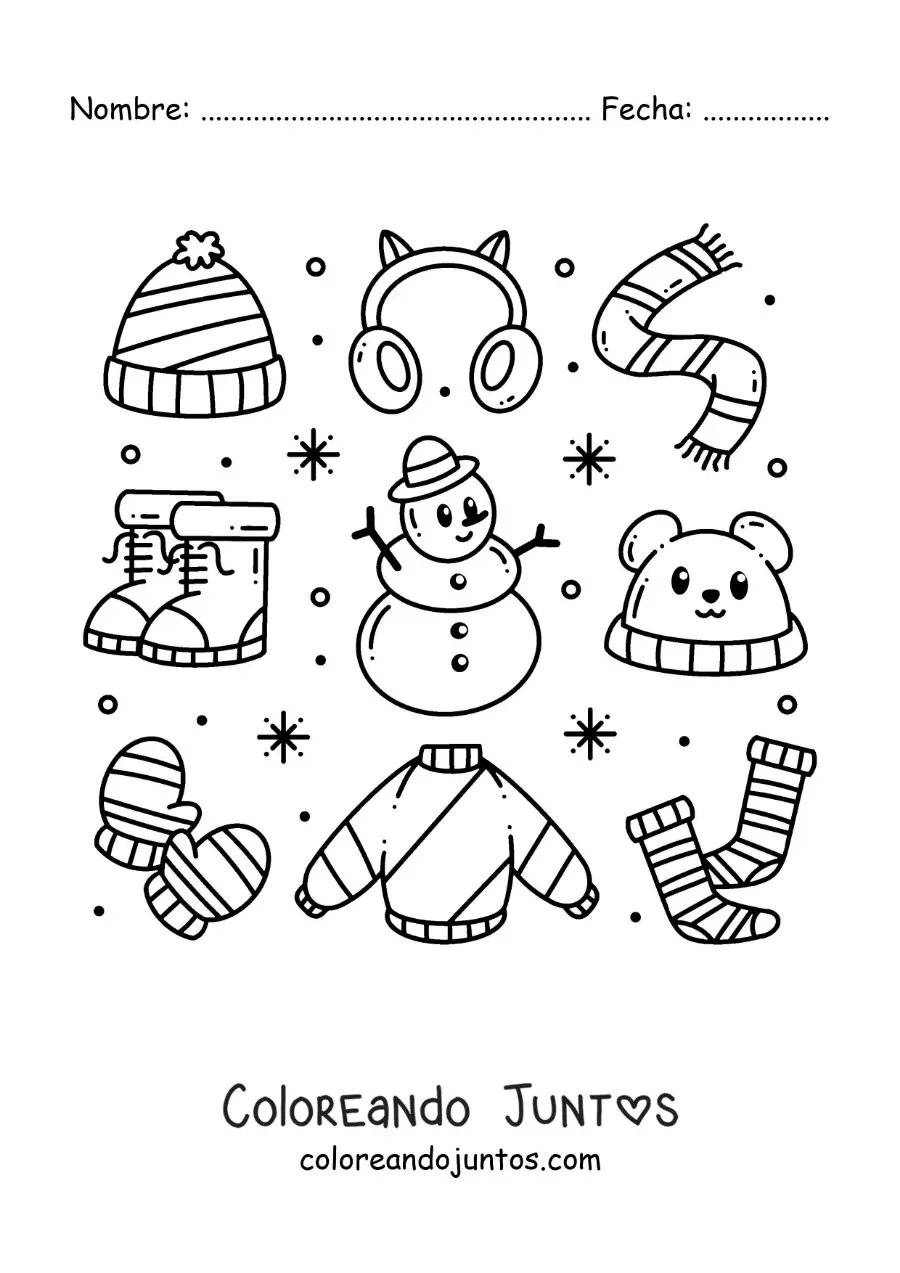 Imagen para colorear de hombre de nieve con ropa de inverno