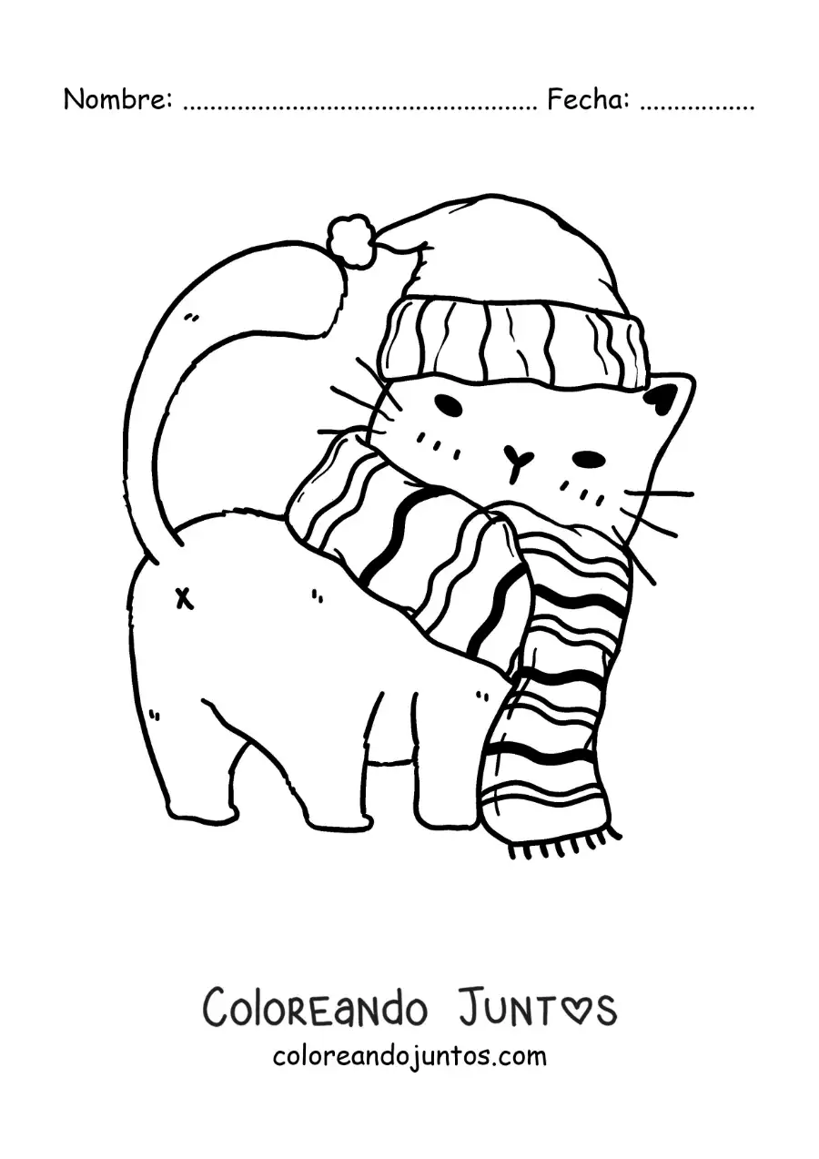 Imagen para colorear de gatito animado con una bufanda
