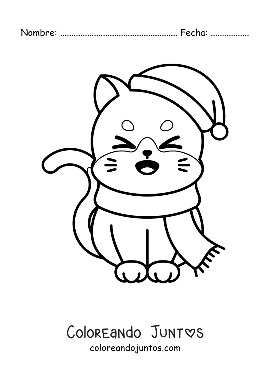 Imagen para colorear de gato animado con una bufanda y un gorro de navidad