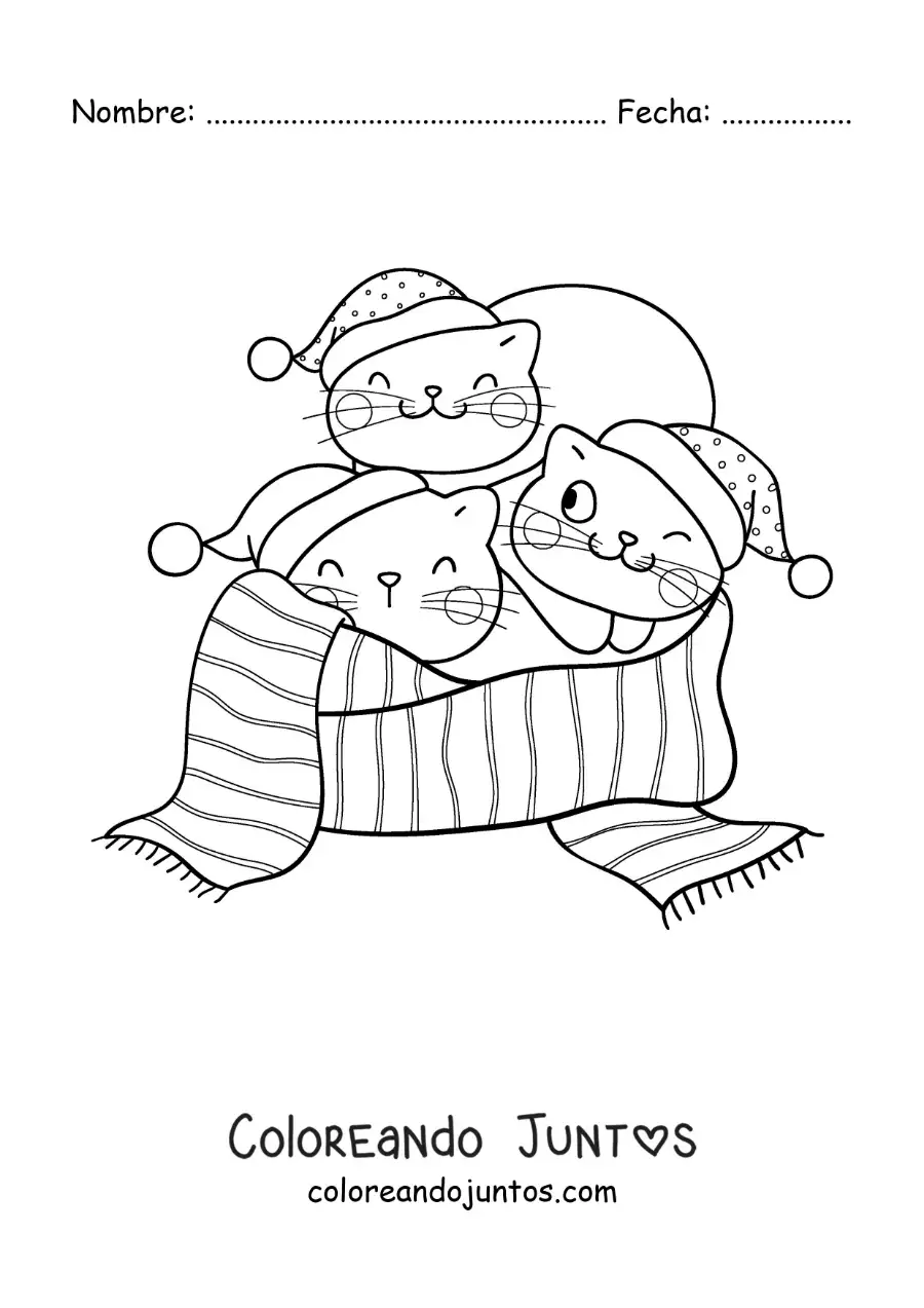 Imagen para colorear de tres gatos animados en una bufanda navideña