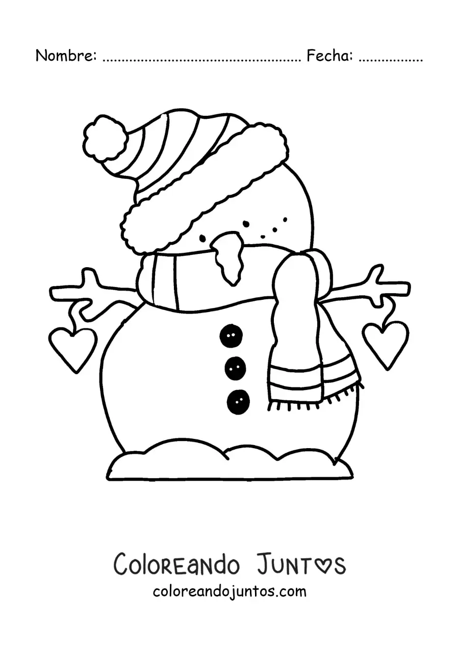 Imagen para colorear de hombre de nieve animado con una bufanda y un gorro
