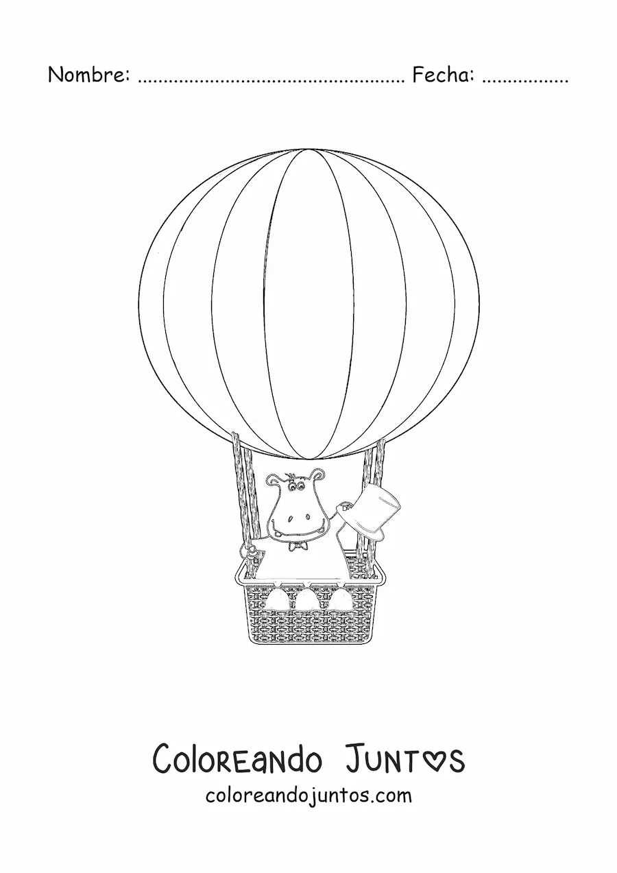 Imagen para colorear de un hipopótamo animado volando en un globo aerostático
