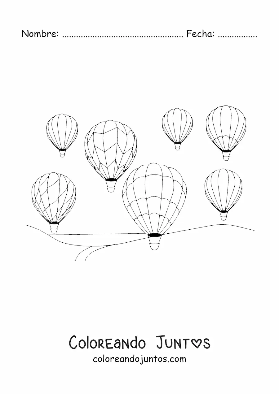 Imagen para colorear de varios globos aerostáticos en el aire sobre un paisaje
