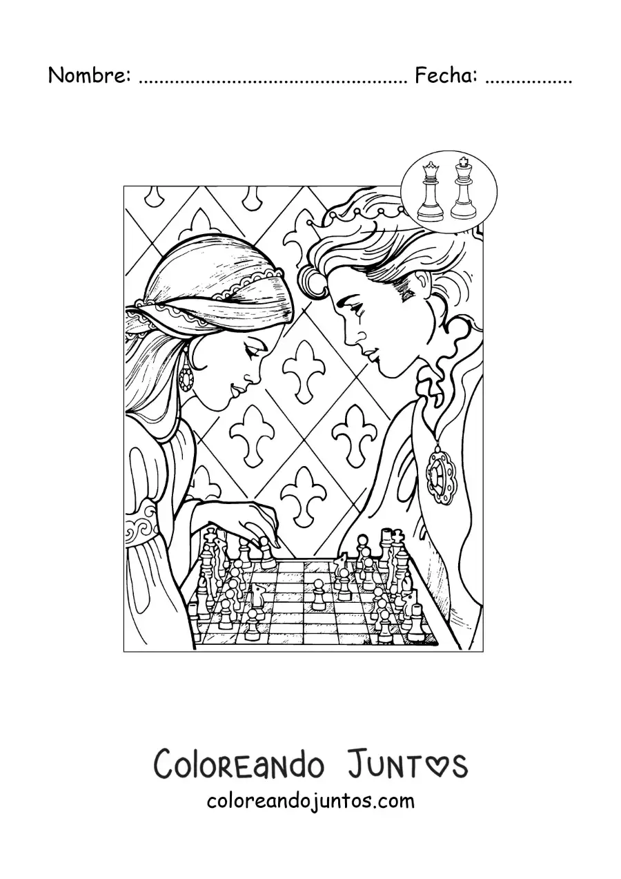 Imagen para colorear de una princesa y un príncipe jugando ajedrez