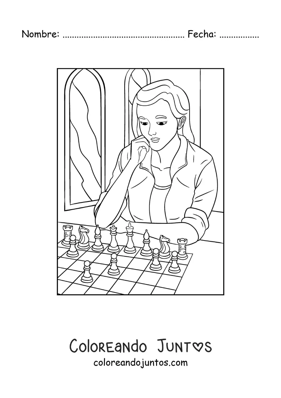 Imagen para colorear de una chica jugando ajedrez