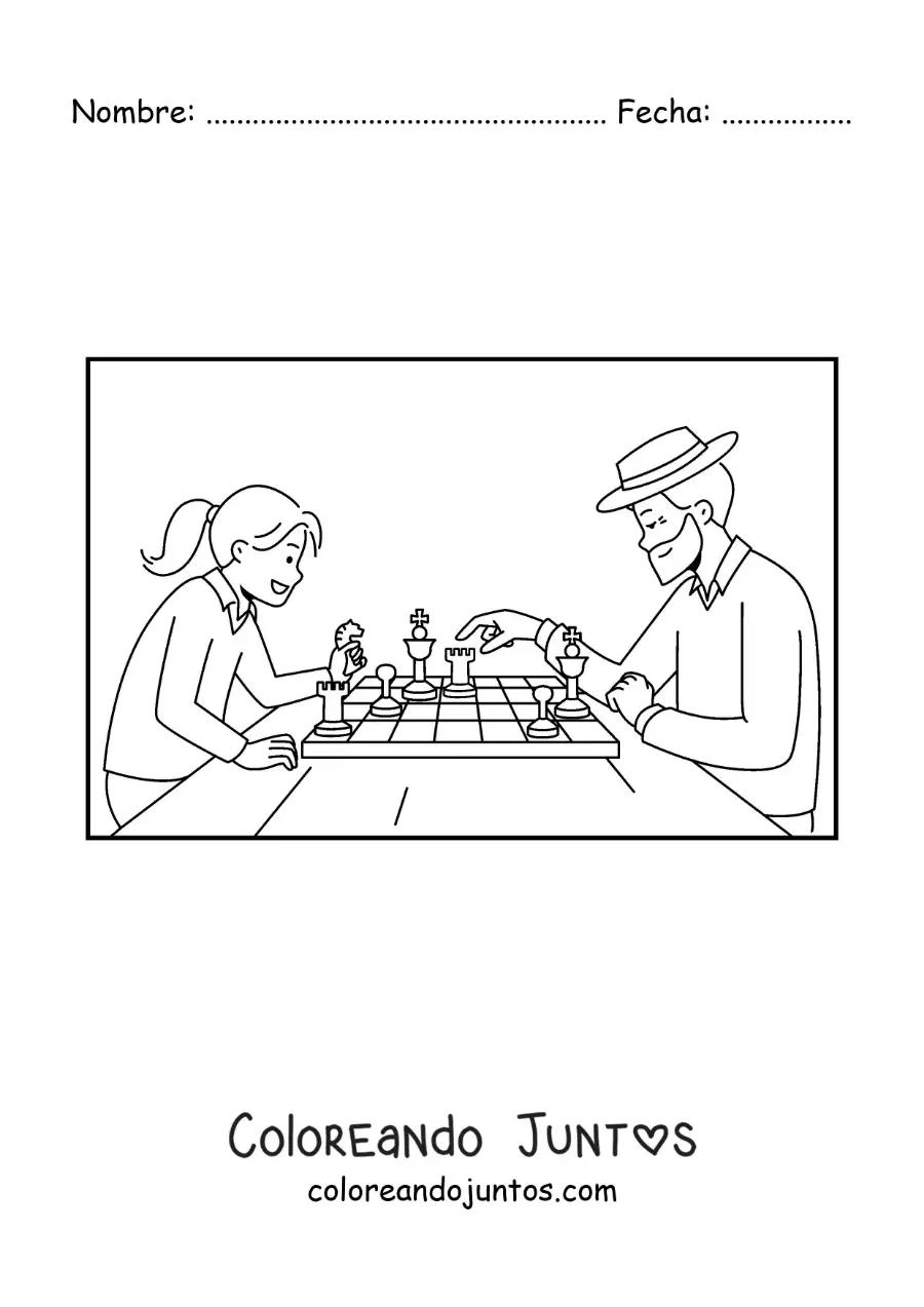 Imagen para colorear de una niña jugando ajedrez con su abuelo