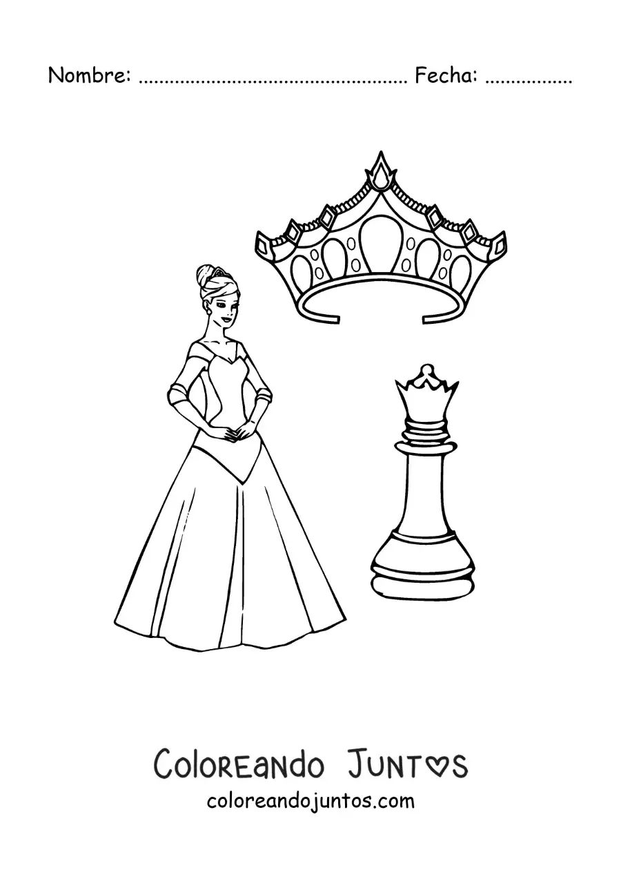 Imagen para colorear de pieza de la reina del ajedrez con una corona y una reina animada