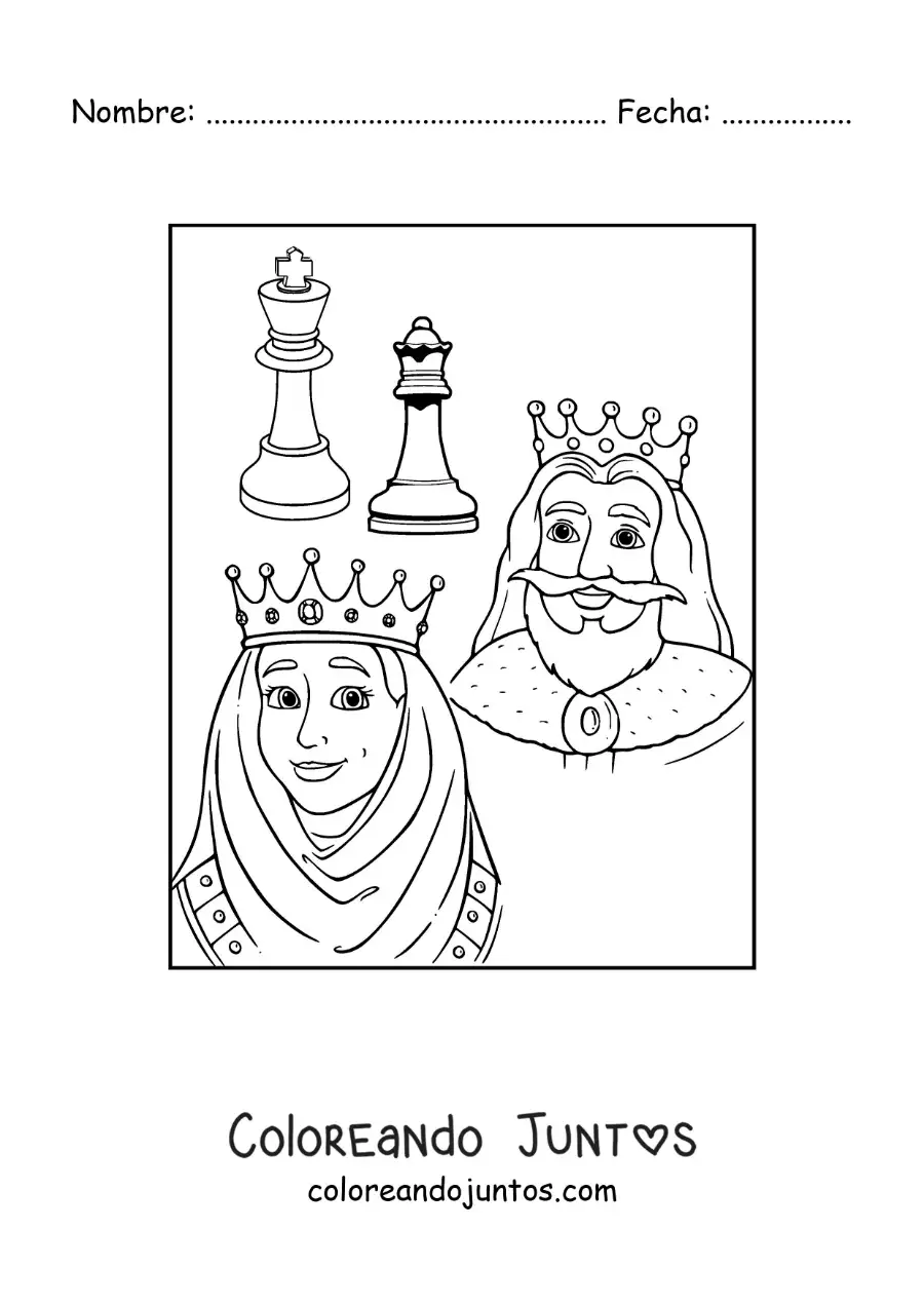 Imagen para colorear de pieza de la reina y el rey del ajedrez con reyes animados
