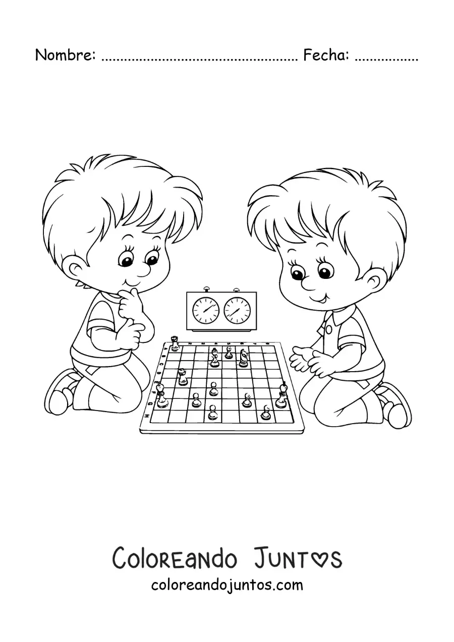 Imagen para colorear de dos niños jugando ajedrez