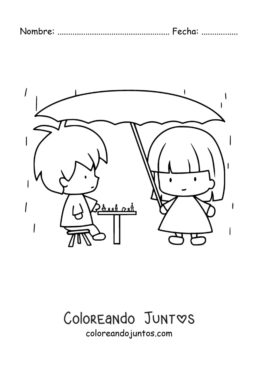 Imagen para colorear de dos niños kawaii animados jugando ajedrez bajo la lluvia