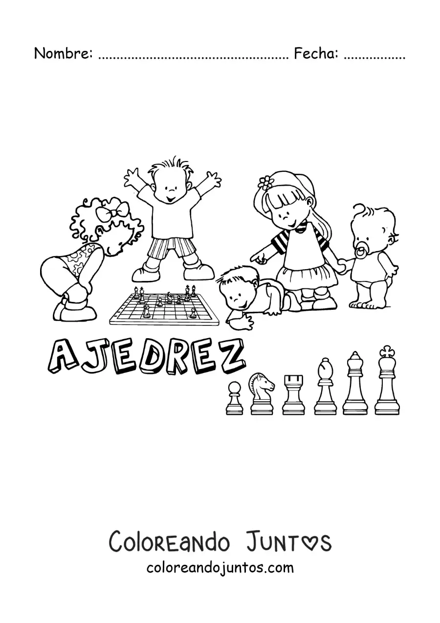 Imagen para colorear de niños jugando ajedrez y la palabra ajedrez