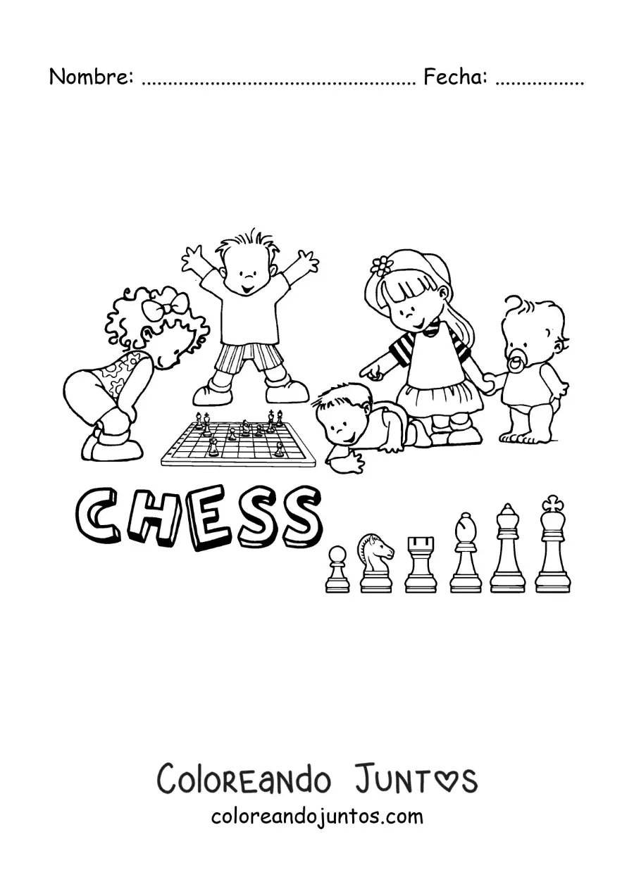Imagen para colorear de niños jugando ajedrez y la palabra ajedrez en inglés