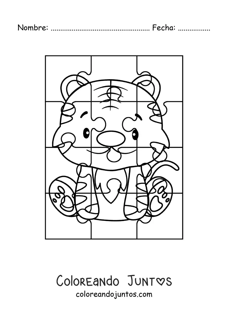Imagen para colorear de rompecabezas recortable de un tigre animado