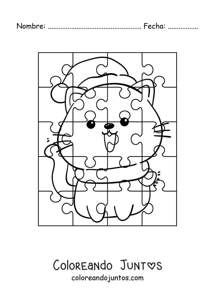 Imagen para colorear de rompecabezas navideño de un gato animado con un gorro