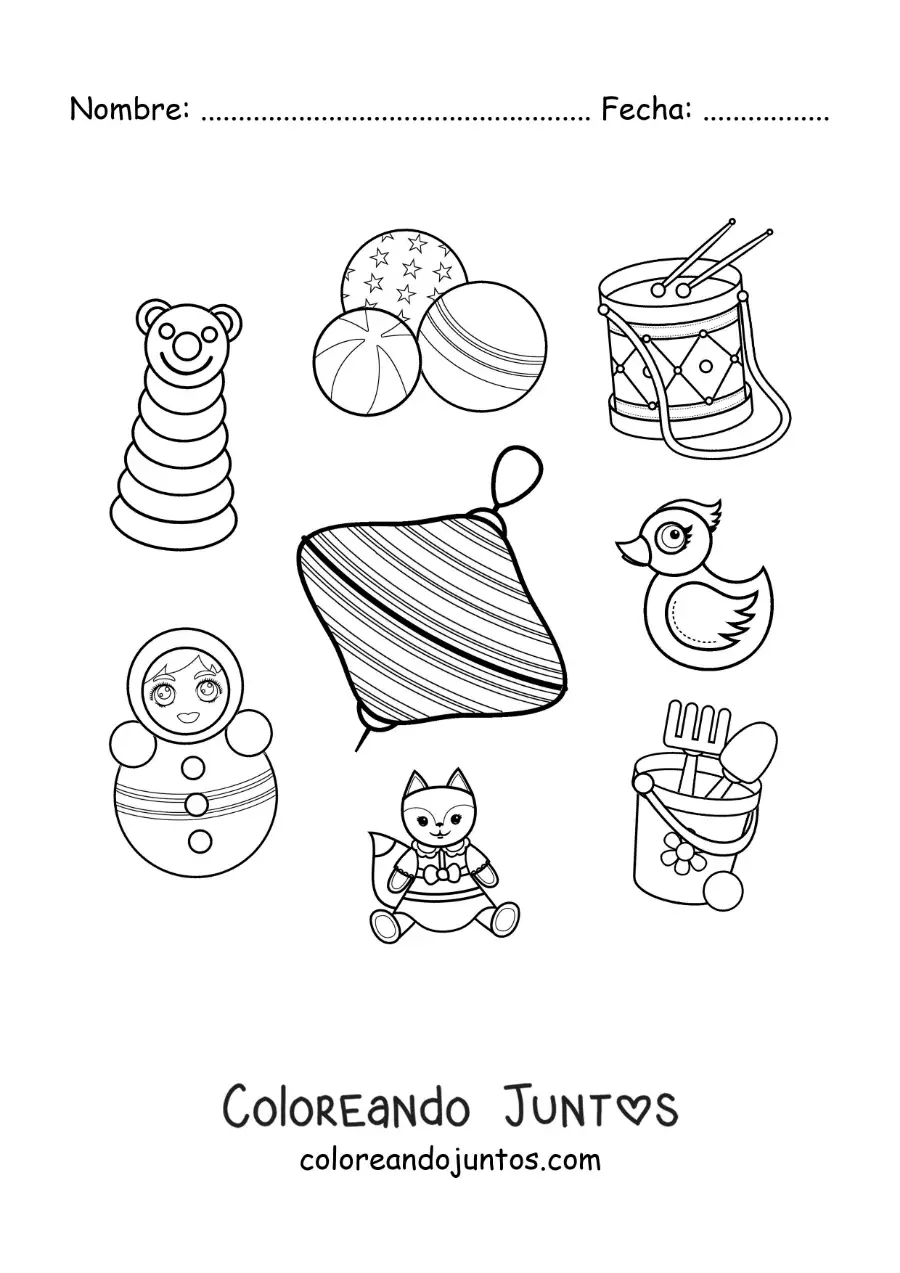 Imagen para colorear de un trompo y otros juguetes tradicionales