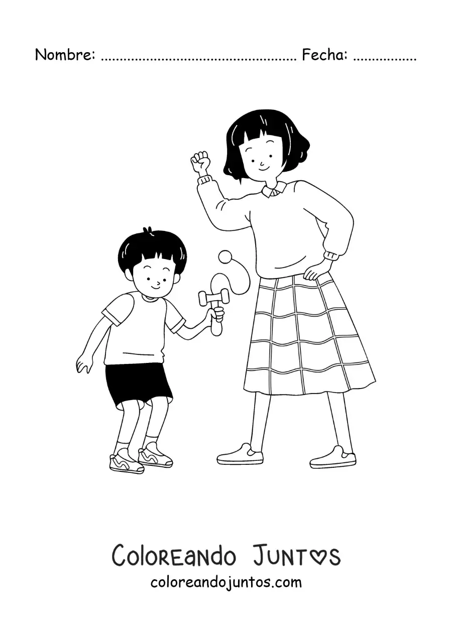 Imagen para colorear de niño japonés jugando con un kendama con su mamá