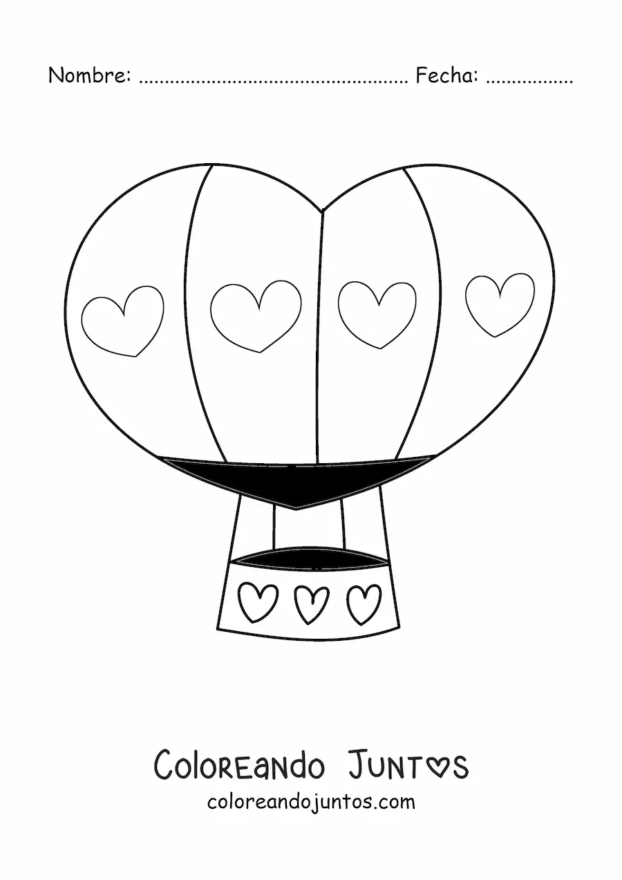 Imagen para colorear de un globo aerostático con diseño de corazones