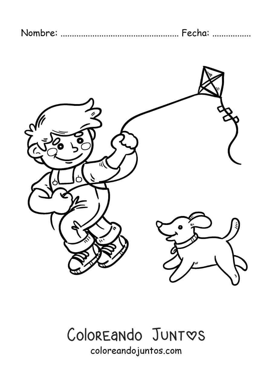 Imagen para colorear de niño volando un cometa con su perro