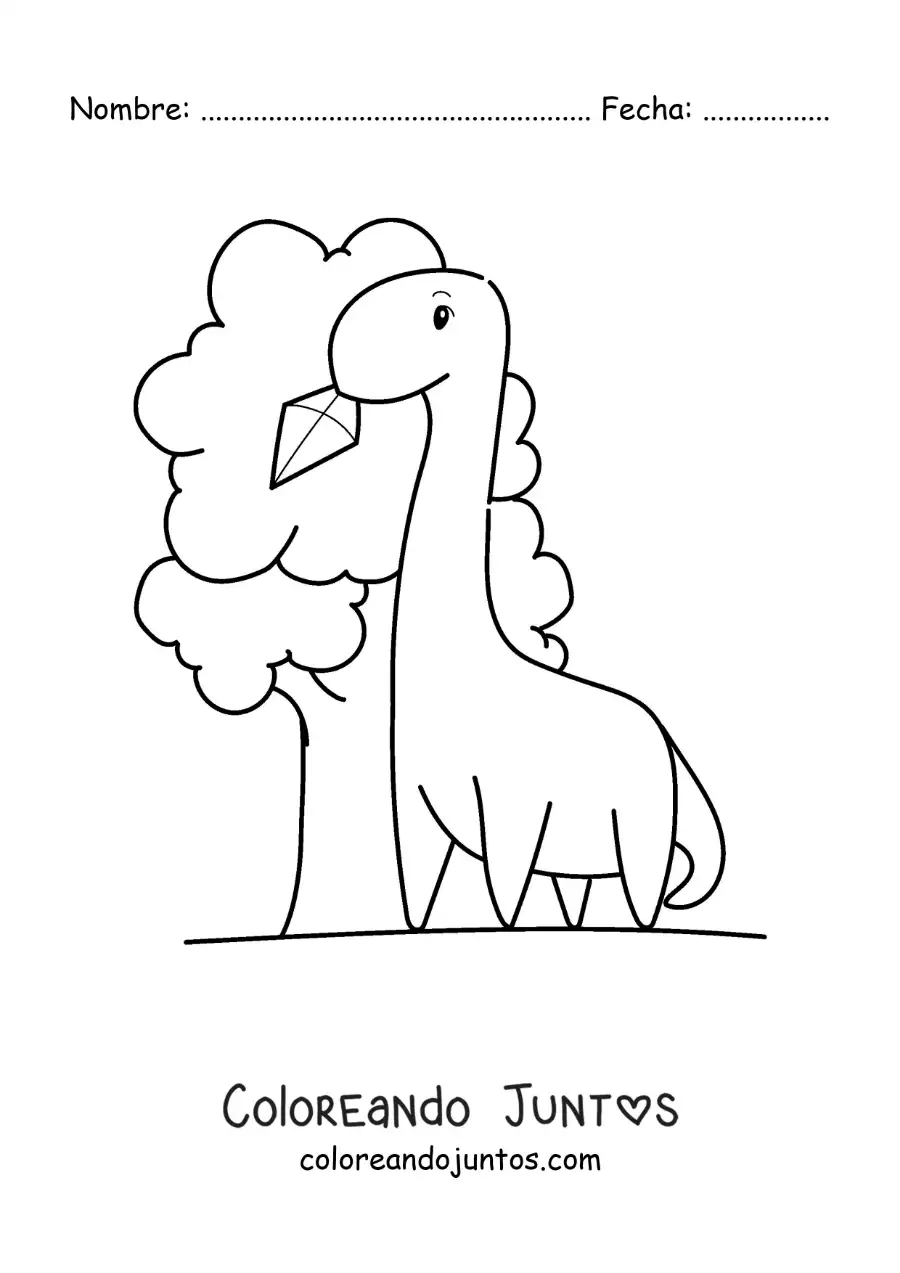 Imagen para colorear de dinosaurio animado recogiendo un papalote de un árbol