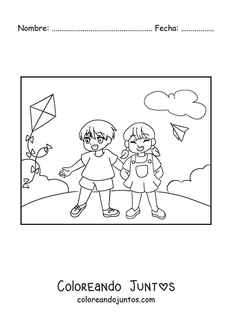 Imagen para colorear de dos niños animados en el parque volando cometas