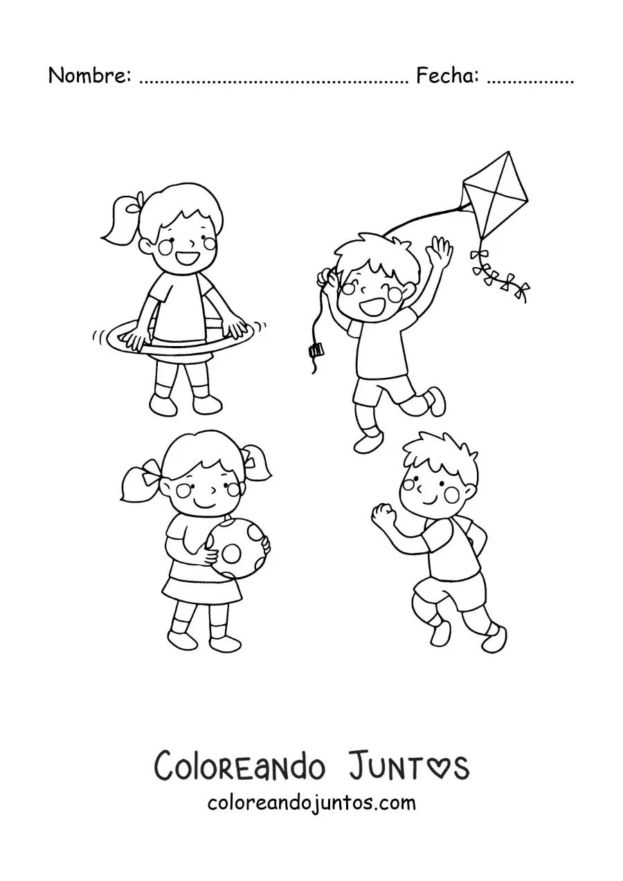 Imagen para colorear de un niño volando un cometa junto a otros niños jugando