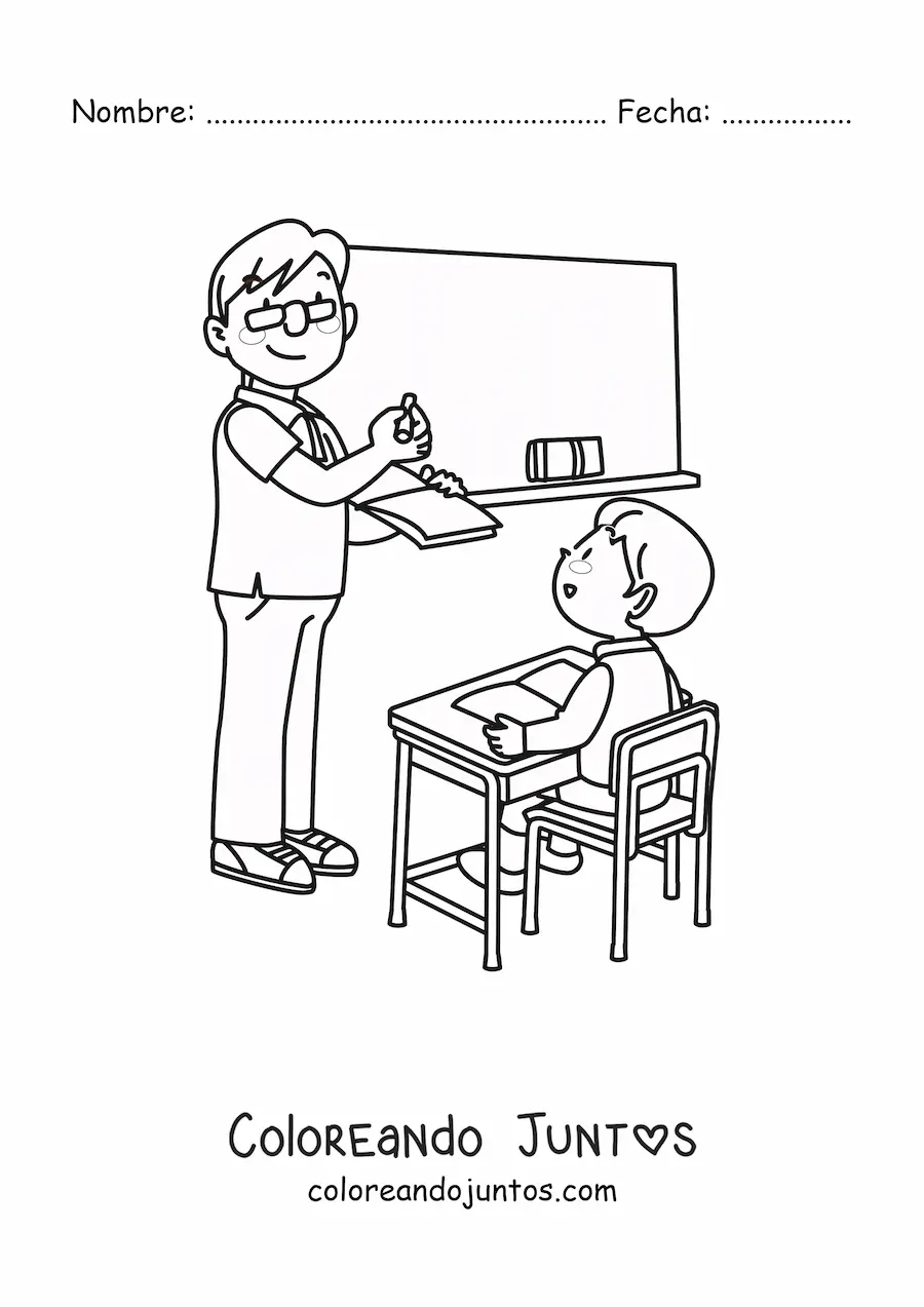 Imagen para colorear de un profesor de pie frente a un alumno sentado
