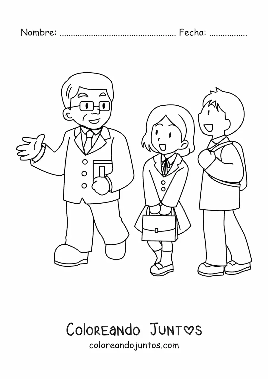 Imagen para colorear de un profesor charlando con dos alumnos de preparatoria