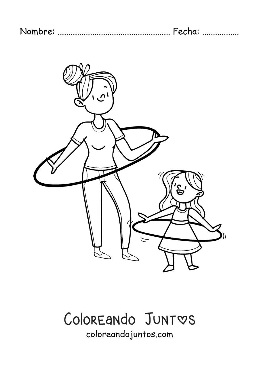 Imagen para colorear de niña y su madre bailando con aro hula hula
