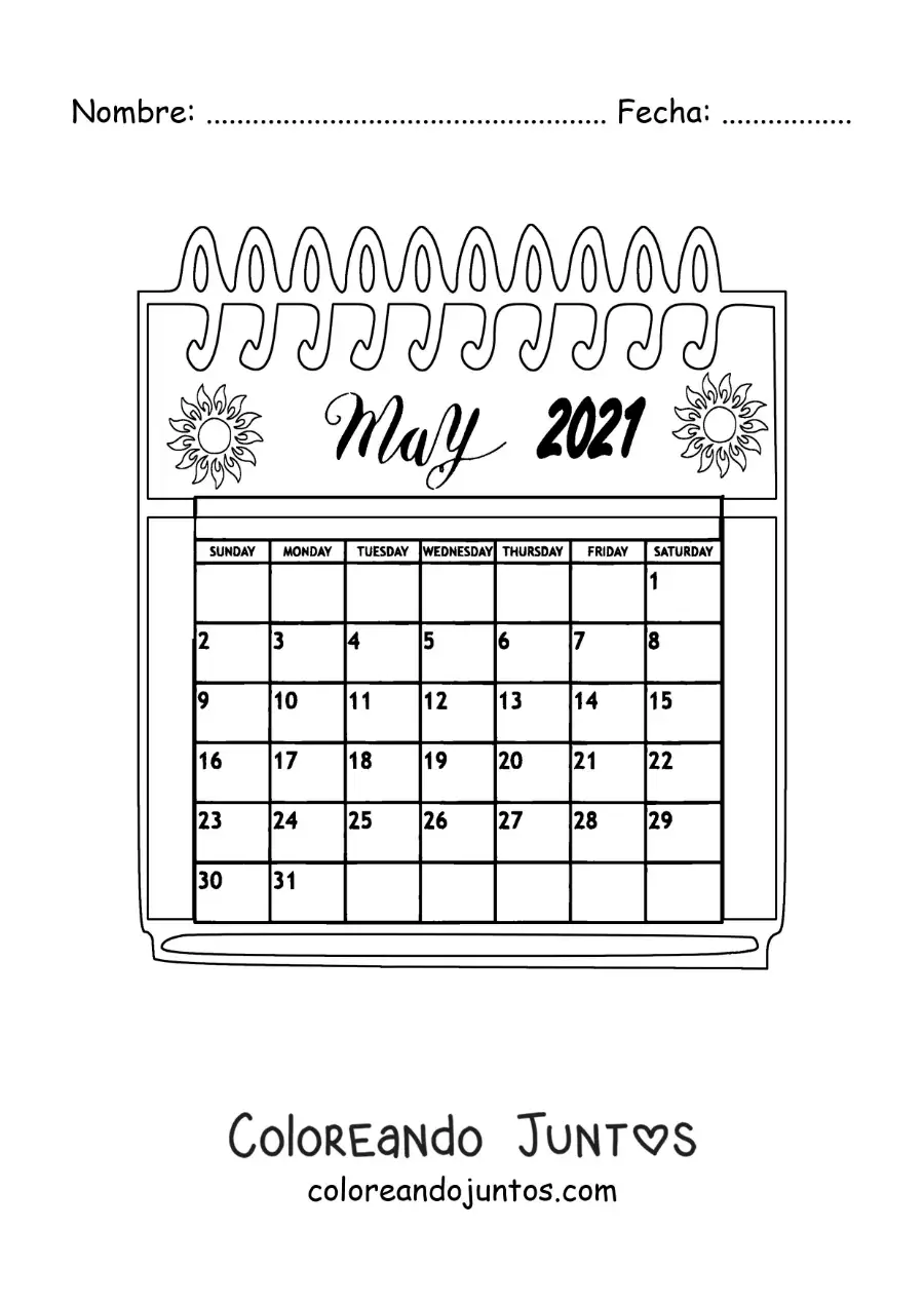 Imagen para colorear de calendario de mayo