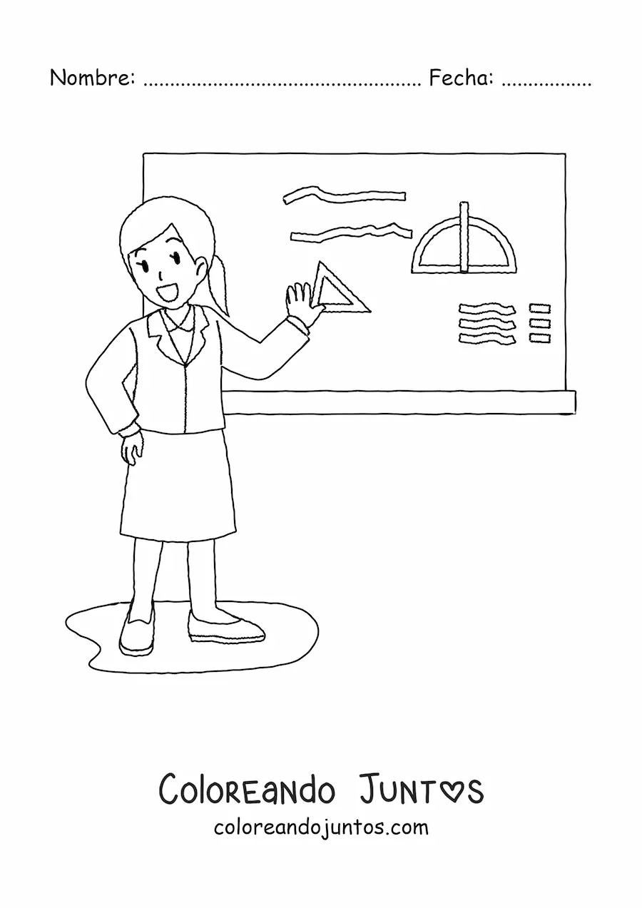 Imagen para colorear de una profesora dando clases frente a la pizarra