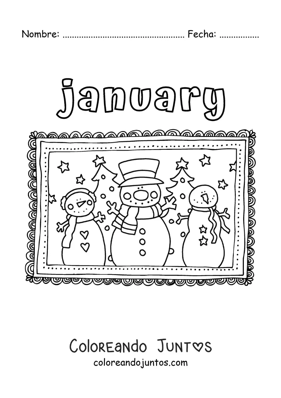 Imagen para colorear de january con hombres de nieve animados