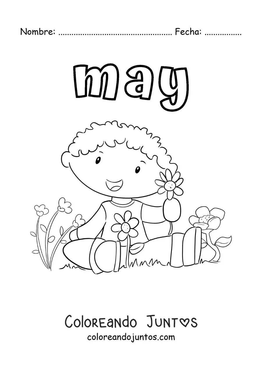 Imagen para colorear de may con un niño sentado con flores de primavera