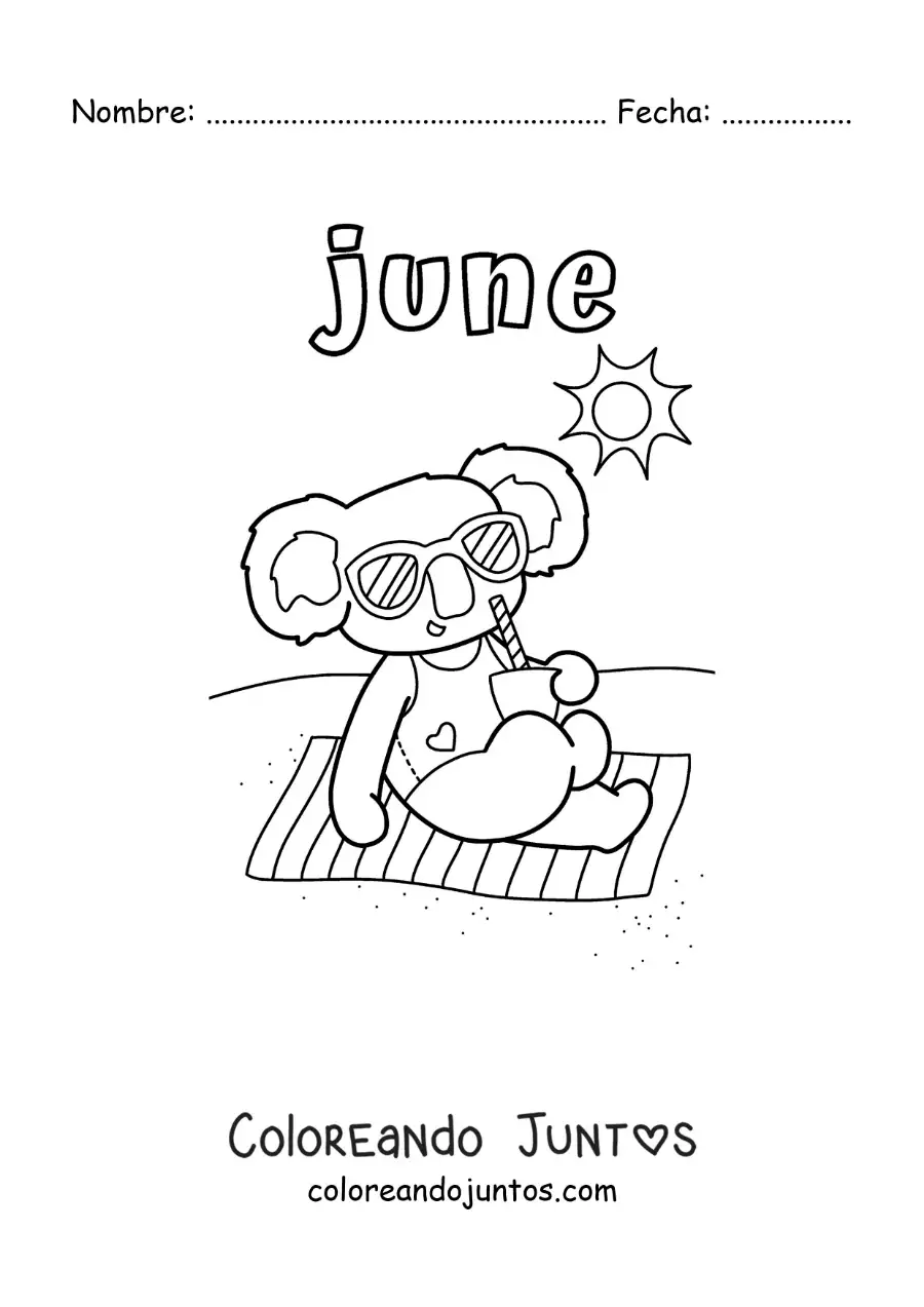 Imagen para colorear de june con un koala animado en verano