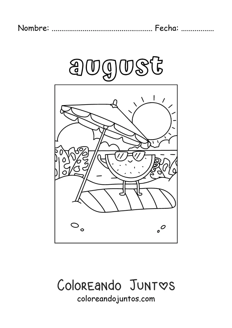 Imagen para colorear de august con una sandía animada de vacaciones