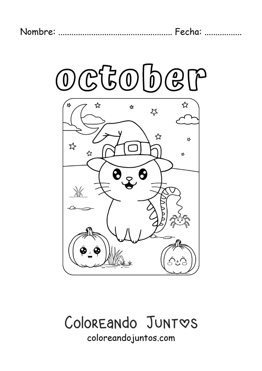Imagen para colorear de october con un gato animado en halloween