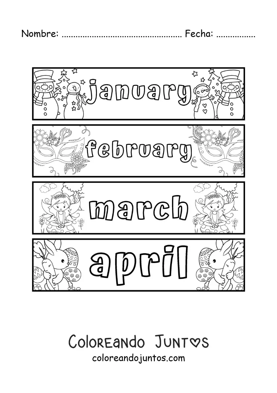 Imagen para colorear de fichas infantiles con los meses en inglés de enero a abril