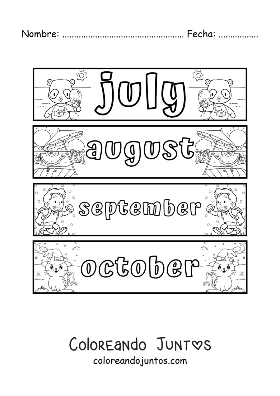 Imagen para colorear de fichas infantiles con los meses en inglés de julio a octubre