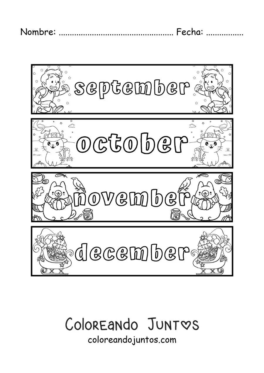 Imagen para colorear de fichas infantiles con los meses en inglés de septiembre a diciembre