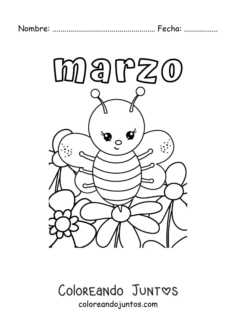 Imagen para colorear de marzo con una abeja animada en primavera