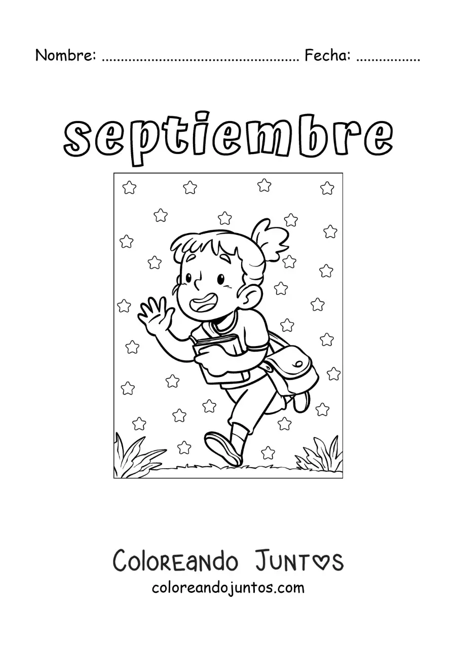 Imagen para colorear de septiembre con una niña de camino a la escuela