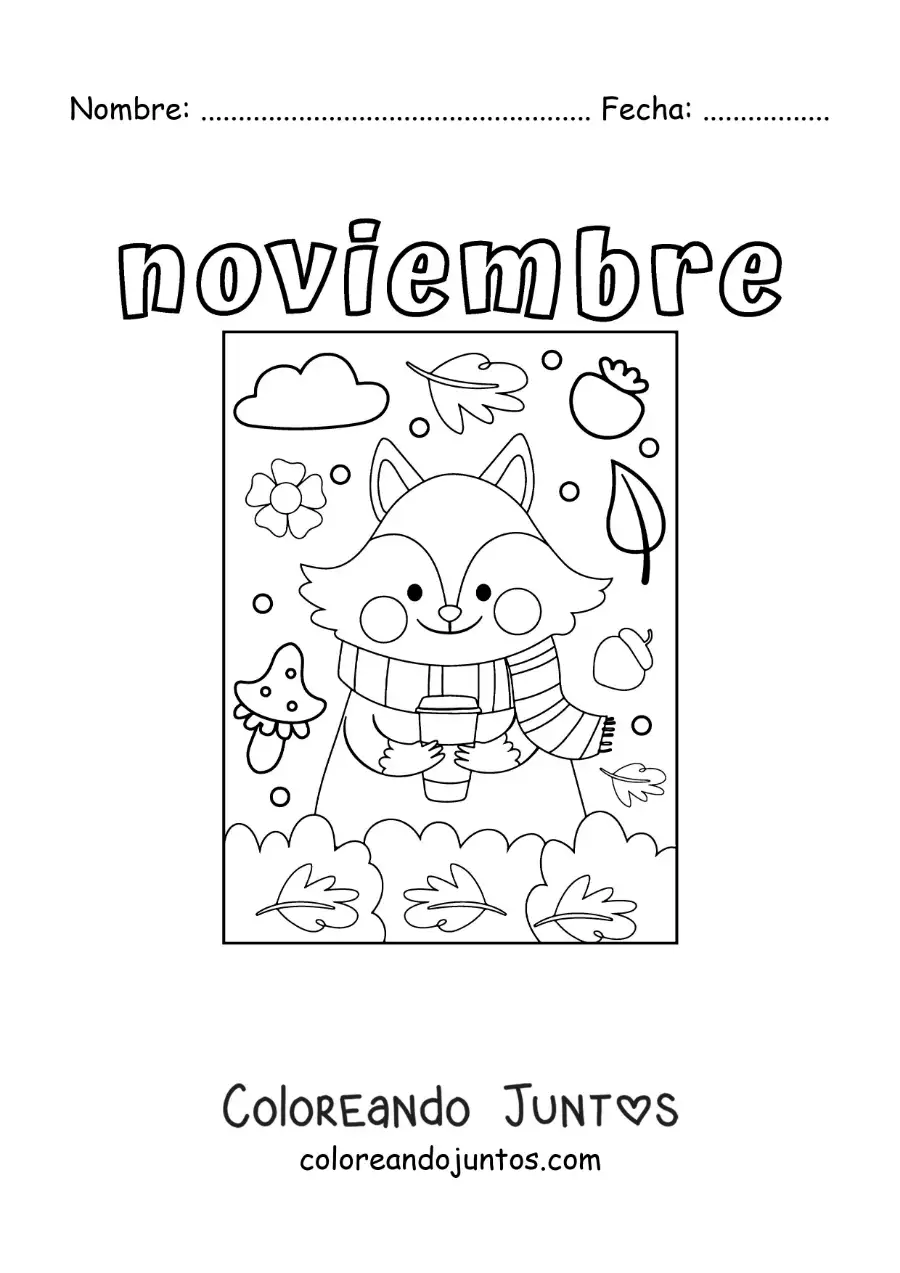 Imagen para colorear de noviembre con un zorro animado en otoño