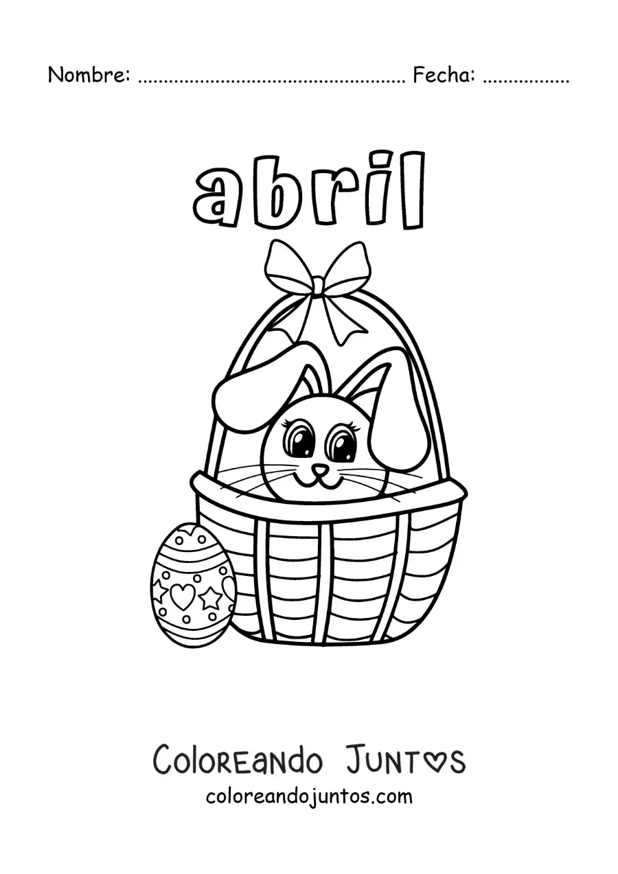 Imagen para colorear de abril con el conejo de pascua en una canasta