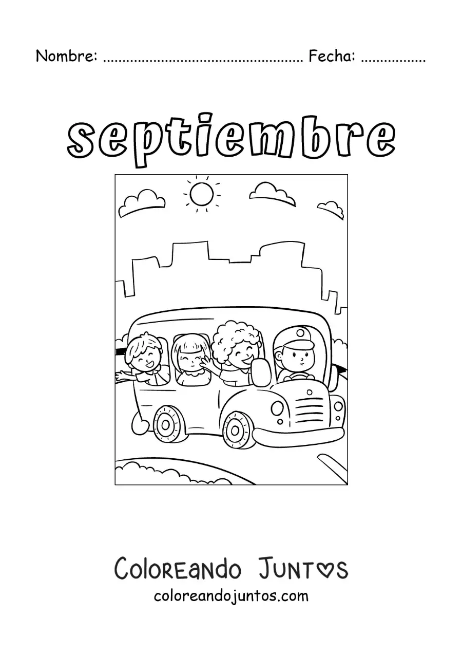 Imagen para colorear de septiembre con un autobús escolar