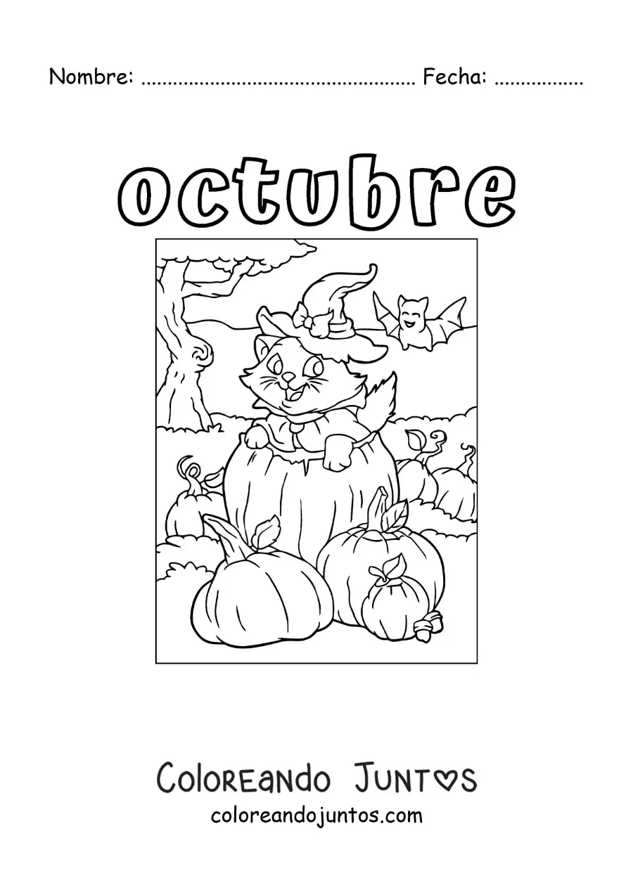 Imagen para colorear de octubre con un gato animado en halloween