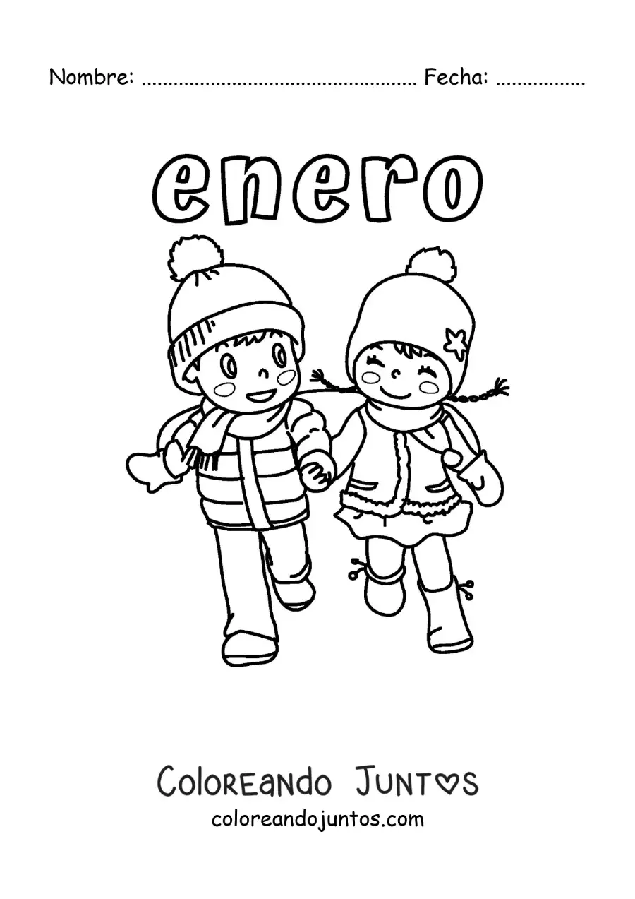 Imagen para colorear de enero con dos niños con ropa de invierno
