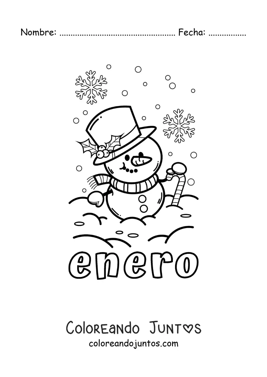 Imagen para colorear de enero con un hombre de nieve animado